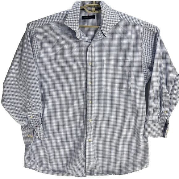 Tommy Hilfiger Button Up Shirt Mens Size Large L Blue White Gray Plaid FLAW - Picture 1 of 9